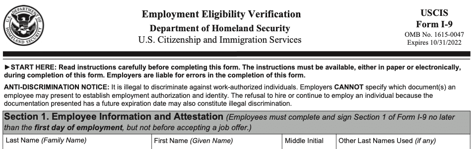 Employment Eligibility Form 1-9