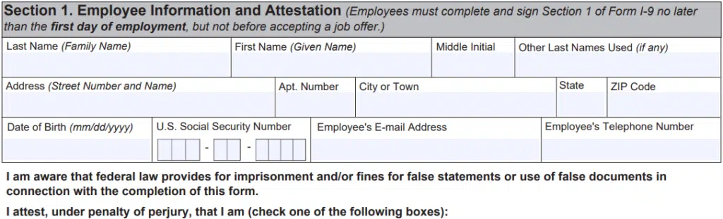 Section 1 of Employment Eligibility Form 1-9