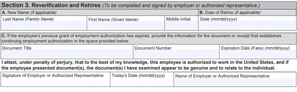 Section 3 of Employment Eligibility Form 1-9