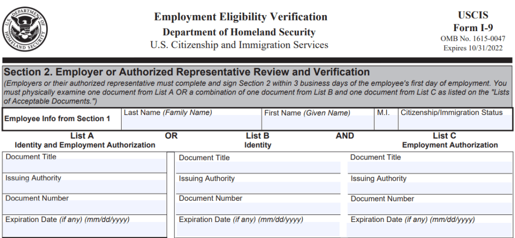 Section II of Employment Eligibility Form 1-9