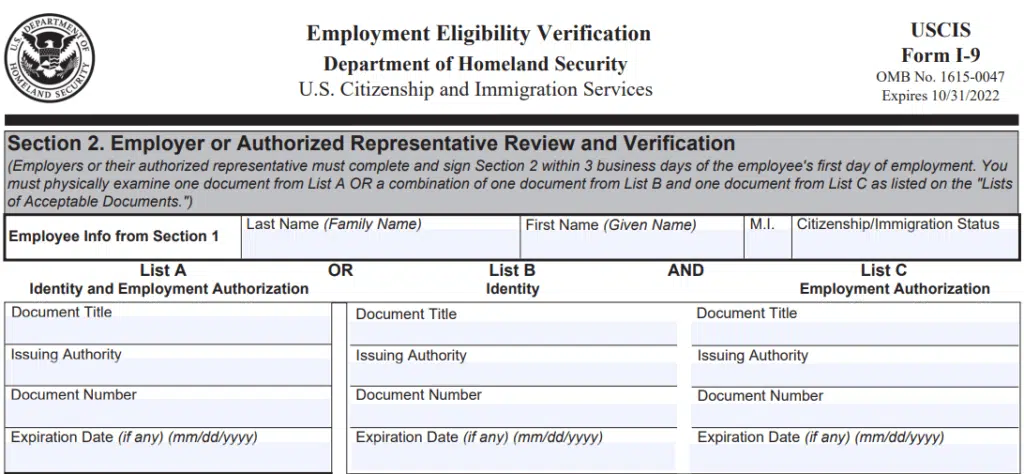 Section II of Employment Eligibility Form 1-9