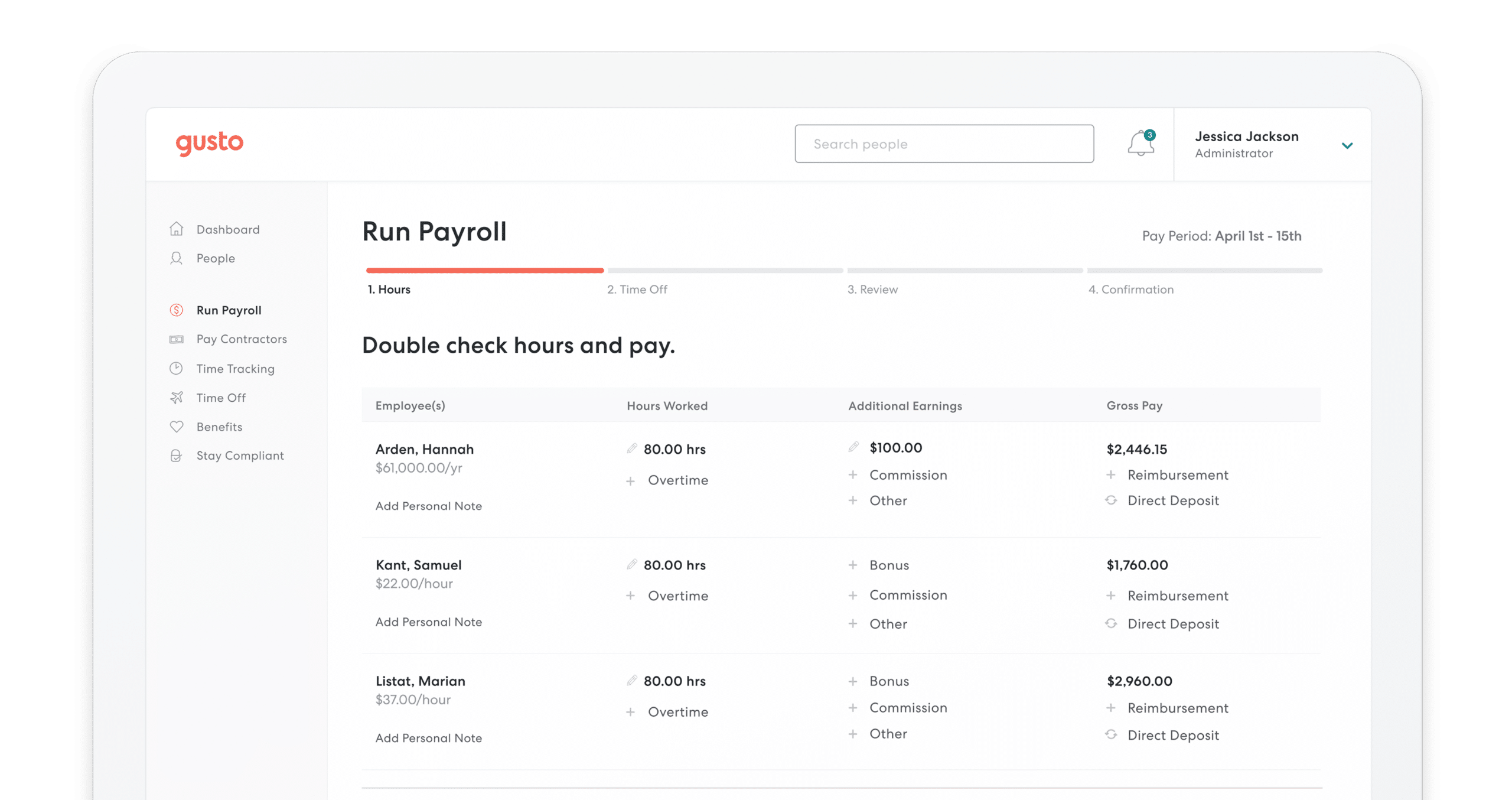 Gusto App screen display from iPad