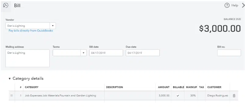 Billable Expenses: Overview photo of Bill Section in QuickBooks