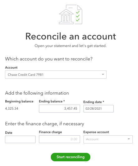 Reconcile an account for Recording Credit Card Transactions in QuickBooks