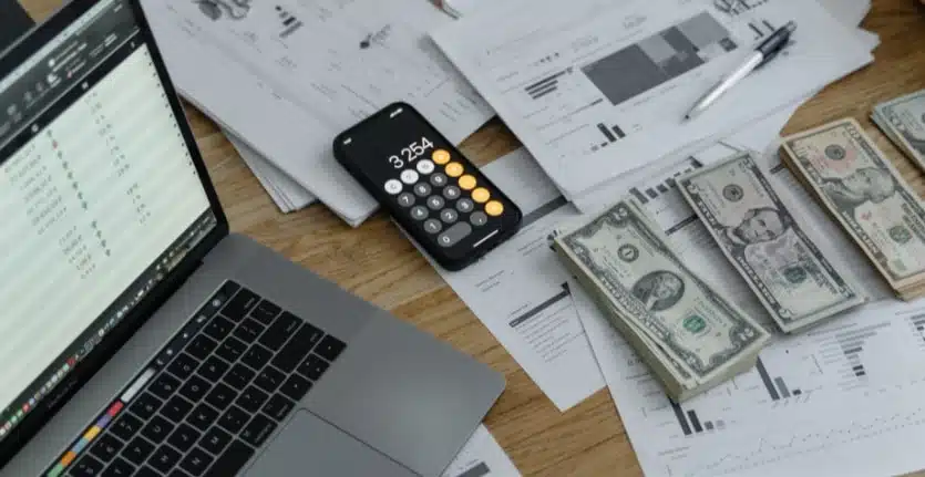 picture of a table with a laptop and calculator aside from it is cash for payroll