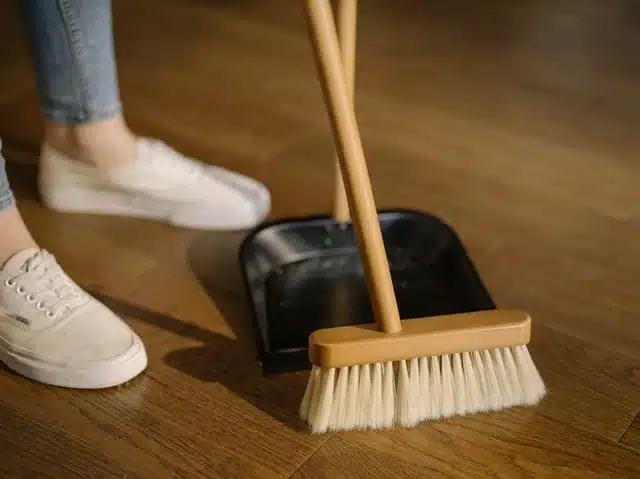 broom and dustpan - woman cleaning the floor