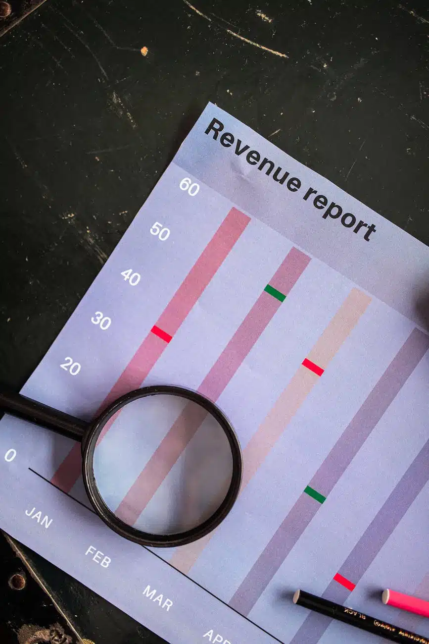 magnifying glass on a revenue report